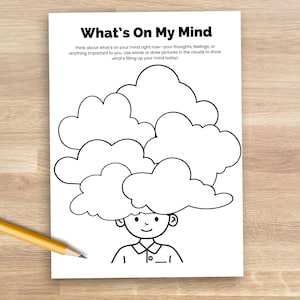 Puede incluir: Hoja de trabajo imprimible en blanco y negro con el texto "What's On My Mind". La hoja de trabajo presenta a una persona de dibujos animados con nubes sobre su cabeza. Las nubes están en blanco para escribir o dibujar.