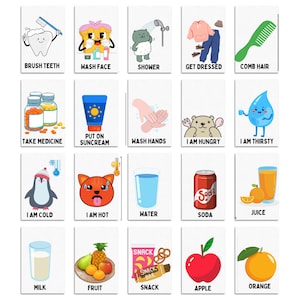 May include: A set of 20 illustrated flashcards featuring various activities and emotions for children. The cards feature colorful cartoon characters and simple text, such as "Brush Teeth", "Wash Face", "Shower", "Get Dressed", "Comb Hair", "Take Medicine", "Put on Sunscreen", "Wash Hands", "I am Hungry", "I am Thirsty", "I am Cold", "I am Hot", "Water", "Soda", "Juice", "Milk", "Fruit", "Snack", "Apple", and "Orange".
