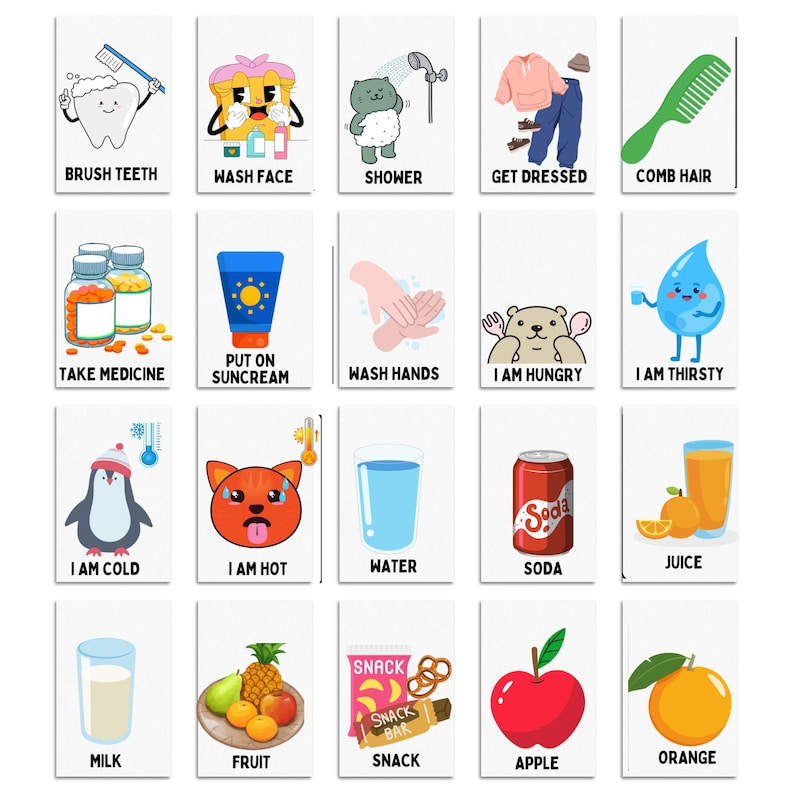 May include: A set of 20 illustrated flashcards featuring various activities and emotions for children. The cards feature colorful cartoon characters and simple text, such as "Brush Teeth", "Wash Face", "Shower", "Get Dressed", "Comb Hair", "Take Medicine", "Put on Sunscreen", "Wash Hands", "I am Hungry", "I am Thirsty", "I am Cold", "I am Hot", "Water", "Soda", "Juice", "Milk", "Fruit", "Snack", "Apple", and "Orange".