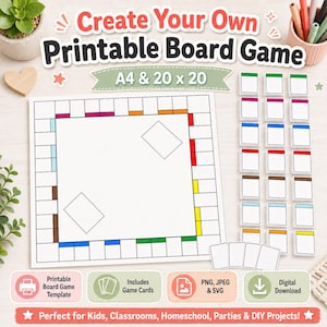 May include: A printable board game template featuring a square path with colored border segments, blank white game cards, and text reading Create Your Own Printable Board Game A4 & 20 x 20. The set includes digital files for DIY game projects.