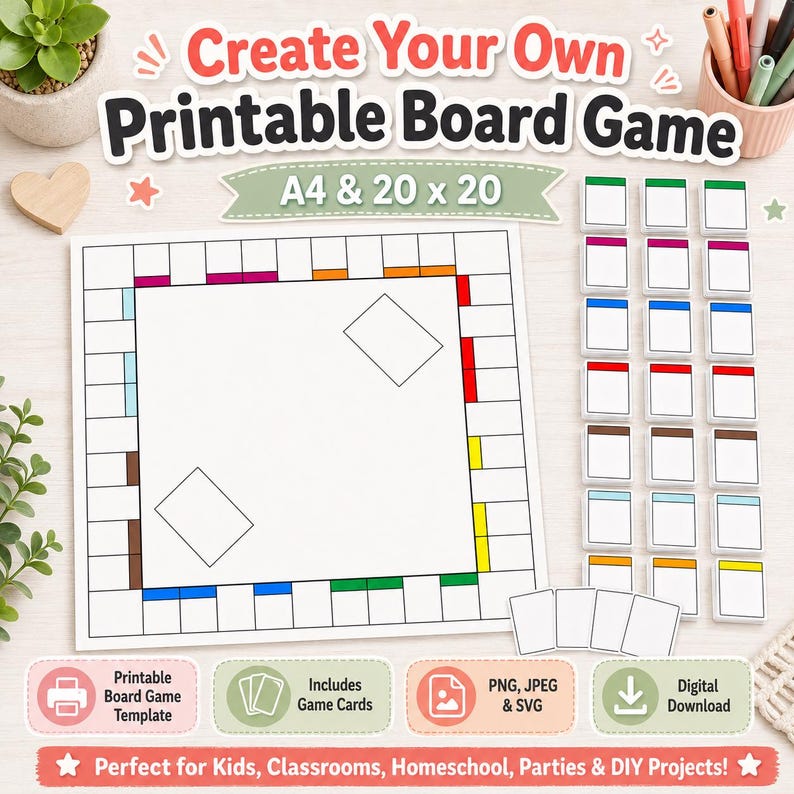 May include: A printable board game template featuring a square path with colored border segments, blank white game cards, and text reading Create Your Own Printable Board Game A4 & 20 x 20. The set includes digital files for DIY game projects.
