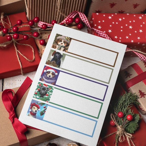 Afdrukbare schattige kerstlabels voor honden – Kleurrijke kerstlabels voor honden - schattige hondenlabels, schattige kersthonden adreslabels retourneren, schattige kerst