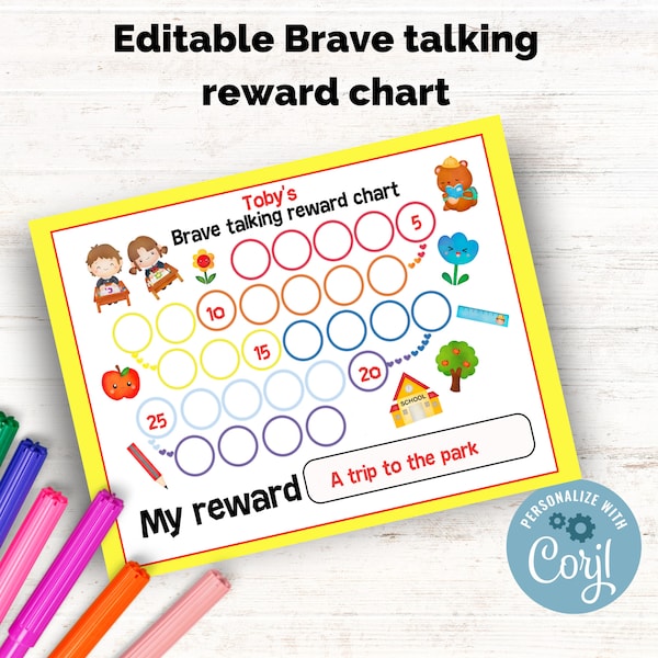 Printable editable brave talking reward chart - edit with corjl, Selective Mutism reward chart - Non-verbal speech and language printables