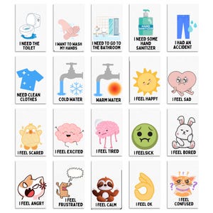 May include: A set of 20 illustrated cards with various images and text. The cards are white with colorful illustrations and text. The text on the cards includes phrases like "I need the toilet", "I want to wash my hands", "I feel happy", "I feel sad", "I feel scared", "I feel excited", "I feel tired", "I feel sick", "I feel bored", "I feel angry", "I feel frustrated", "I feel calm", "I feel ok", and "I feel confused".