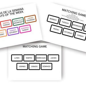 Op de afbeelding: Drie witte kaarten met educatieve inhoud. Eén kaart toont "DÍAS DE LA SEMANA DAYS OF THE WEEK" met dagen van de week in het Spaans en Engels. Twee kaarten zijn "MATCHING GAME" met dagen van de week in het Engels en Spaans.