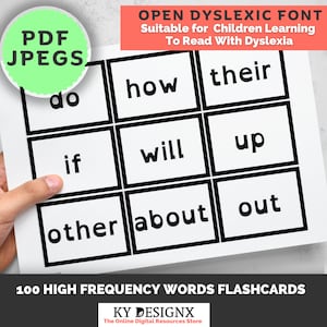100 schede flash ad alta frequenza stampabili per studenti dislessici, Open Dyslexia Font, 100 parole a vista stampabili, imparare a leggere stampabili