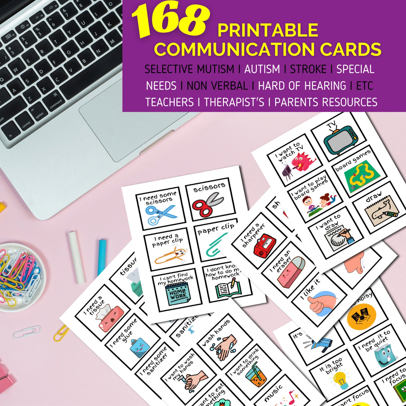 168 Printable Communication Cards for Nonverbal, Autism, Selective