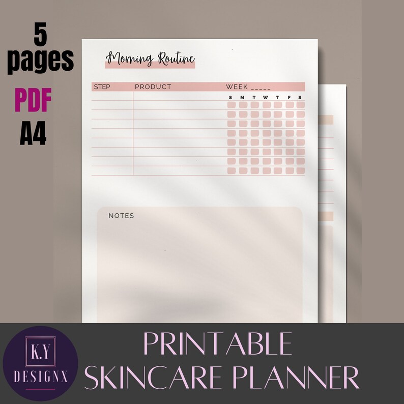 May include: A printable skincare planner with a minimalist design. The planner includes sections for a morning routine, product tracking, and weekly progress. The text on the planner includes "Morning Routine", "Product", "Week", and "Notes". The planner is labeled "PDF A4".