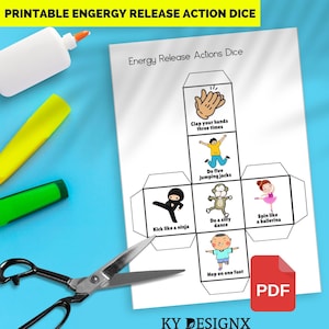 May include: Printable black and white dice template with illustrations of activities like clapping, jumping jacks, kicking like a ninja, doing a silly dance, spinning like a ballerina, and hopping on one foot. The text "Energy Release Actions Dice" and "PDF" are also included.