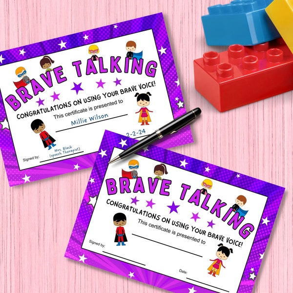 Brave Talking Printable Certificate - Selective Mutism - exposure therapy-communication cards - non-verbal autism - speech and language