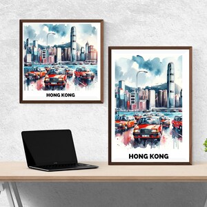Hong Kong Printable wall art, water color, wall decor, poster, China, gift,  office, home decor, , city, skyscrapers, taxis