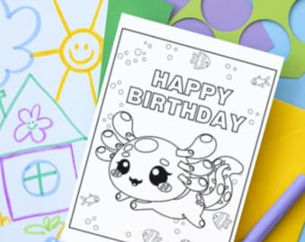 color in kids BIRTHDAY CARD, printable, Fish DIY, axolotl birthday card, cute coloring birthday card, Digital, toddler,Pre-school, classroom