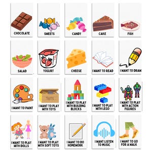 May include: A set of 20 colorful cards with images and text. The cards feature various activities, foods, and toys.  The text on the cards includes phrases like "I want to play with toys" and "I want to go for a walk".
