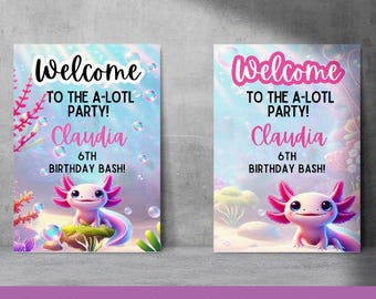 Editable Axolotl Birthday Welcome Sign Canva Template | Under the Sea Party Decor | A4 Printable Sign |  Birthday Party Sign Party Decor