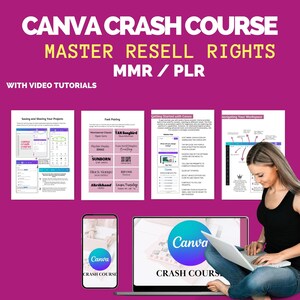 May include: A pink background with the text "CANVA CRASH COURSE" in white letters. Below the text is "MASTER RESELL RIGHTS" in white letters. Below that is "MMR/PLR" in white letters. Below that is "WITH VIDEO TUTORIALS" in white letters. There are three images of computer screens showing different aspects of the Canva program. There are two images of phones showing the Canva app. There is a woman sitting on a couch using a laptop computer. The laptop screen shows the Canva logo and the text "CRASH COURSE".