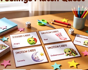 May include: Feelings Match Quest game set featuring rectangular cards with illustrations of an angry apple, a sad sock, a lonely moon, and an embarrassed turtle. Includes two white dice, green scissors, colored pencils in a cup, and paper stars.