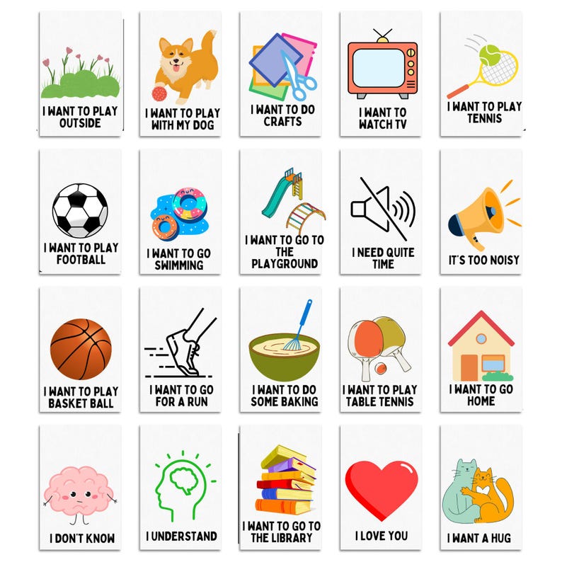 May include: A set of 20 colorful flashcards with illustrations and text. The cards feature various activities and emotions, such as playing sports, doing crafts, going to the library, and expressing love.