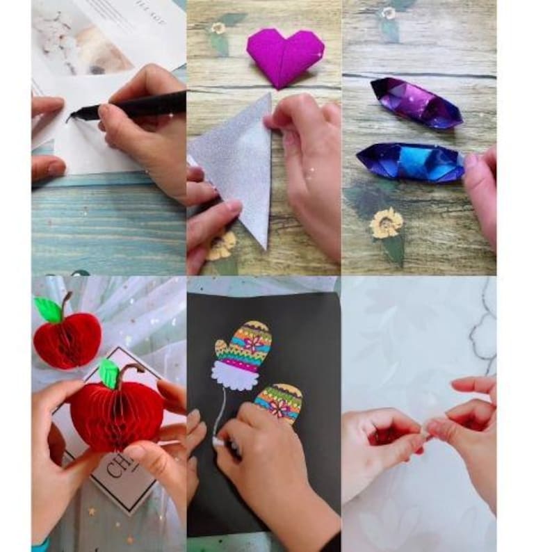 May include: A collage showing various craft projects in progress. Includes a paper heart, origami gems, a 3D paper apple, and decorated paper mittens. The image shows different stages of crafting, with hands working on various elements.