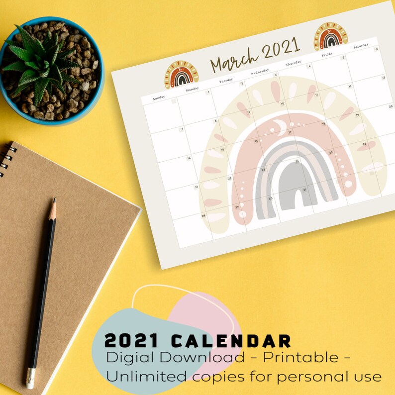 rainbow 2021 planner printable calendar print rainbow boho CALENDAR,2021 boho planner Monthly,12 month calendar printable mothers day