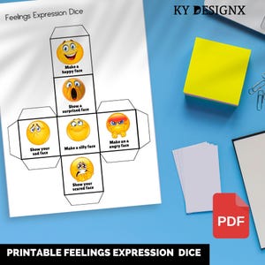 May include: Printable Feelings Expression Dice game with six different facial expressions: happy, surprised, sad, silly, angry, and scared.  The dice is designed to be cut out and folded into a cube.