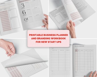 Puede incluir: Un planificador de negocios y un libro de trabajo de marca imprimibles para nuevas empresas emergentes. El libro de trabajo incluye secciones para la planificación empresarial, la marca y el marketing. La portada del libro de trabajo es blanca con texto negro.