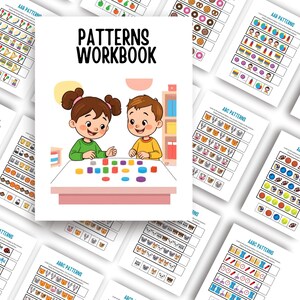May include: A workbook titled "PATTERNS WORKBOOK" with a cartoon illustration of two children playing with colorful blocks. Surrounding the workbook are pages with pattern exercises, featuring various shapes and images for educational activities.