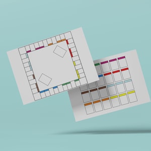 May include: Two white paper sheets featuring printed board game layouts. One sheet displays a square track with colored segments and two empty rectangles in the center. The second sheet shows a grid of rectangular boxes with colored top borders.