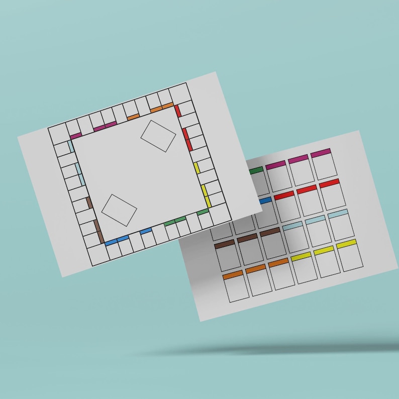 May include: Two white paper sheets featuring printed board game layouts. One sheet displays a square track with colored segments and two empty rectangles in the center. The second sheet shows a grid of rectangular boxes with colored top borders.