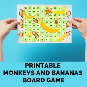 Peut inclure: Un jeu de société imprimable avec des singes et des bananes. Le plateau de jeu est vert avec une grille de 100 cases. Les cases sont numérotées de 1 à 100. Il y a des singes et des bananes sur le plateau. Le jeu s'appelle "Printable Monkeys and Bananas Board Game".