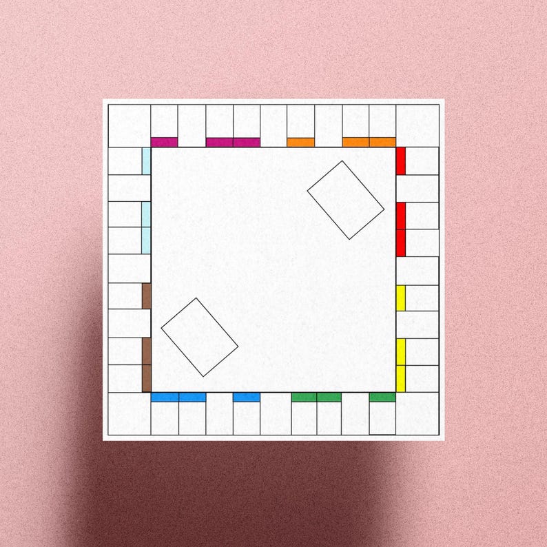 May include: A square board game layout featuring a white center and a perimeter of rectangular spaces. The border includes colored segments in magenta, orange, red, yellow, green, blue, brown, and light blue. Two empty rectangles are centered.