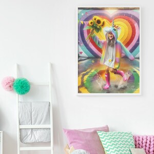 Printable Happy Girl wall art,  Unicorn Print, raibow wall Print, Girls Room Decor, Teen girls, colorful wall decor, wall art, cute, fun