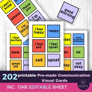 May include: Printable communication visual cards with various phrases and feelings, including "happy," "sad," and "good morning." The cards are colorful and designed for visual communication, with the text "202 printable Pre-made Communication Visual Cards."