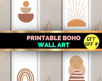 May include: Four framed prints with minimalist boho designs in brown and orange hues. The prints showcase abstract shapes, a sunburst, and a rainbow. The text "Printable Boho Wall Art" is displayed across the image.