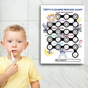 Cuadro de recompensas para la limpieza de dientes para niños imprimible - Sistema de recompensas para niños - Cuidado dental - Cuadro de cepillado imprimible - Seguimiento de la higiene dental