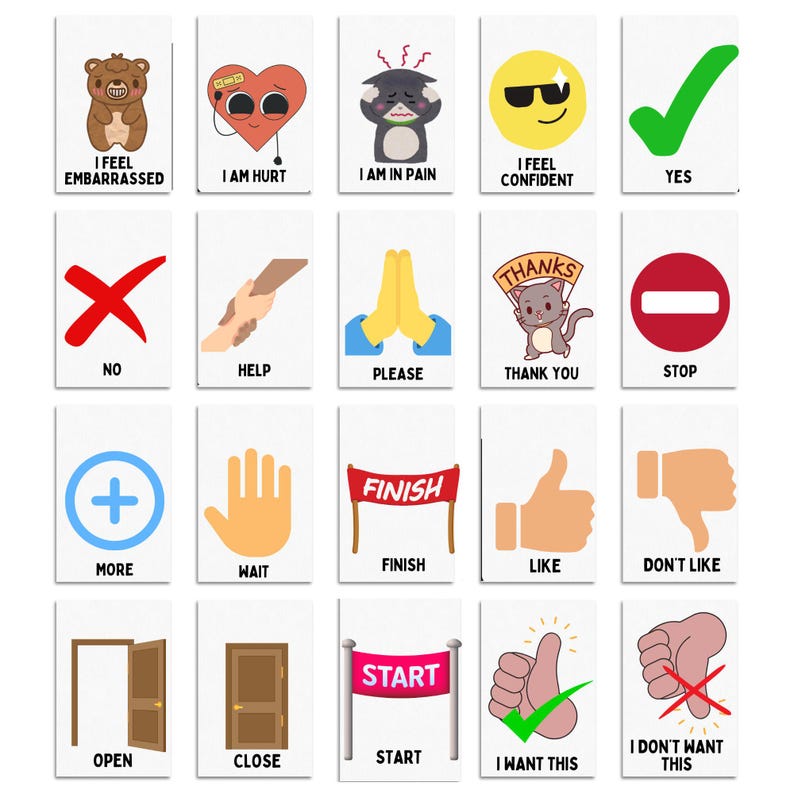 May include: A set of 20 communication cards with various images and text. The cards feature a variety of emotions, actions, and phrases, including "I feel embarrassed", "I am hurt", "I am in pain", "I feel confident", "Yes", "No", "Help", "Please", "Thank you", "Stop", "More", "Wait", "Finish", "Like", "Don't like", "Open", "Close", "Start", "I want this", and "I don't want this".