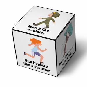 Printable Imaginative Actions Dice for Kids, movement dice, Creative play dice for children, kids exercise game, kids end of term games