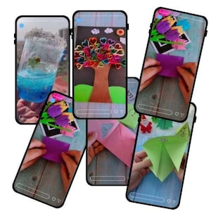 May include: A collection of smartphone screens showcasing diverse DIY craft projects. One screen displays a glitter jar with a fish, another a paper tree with heart-shaped leaves, and others feature origami and paper flower tutorials.