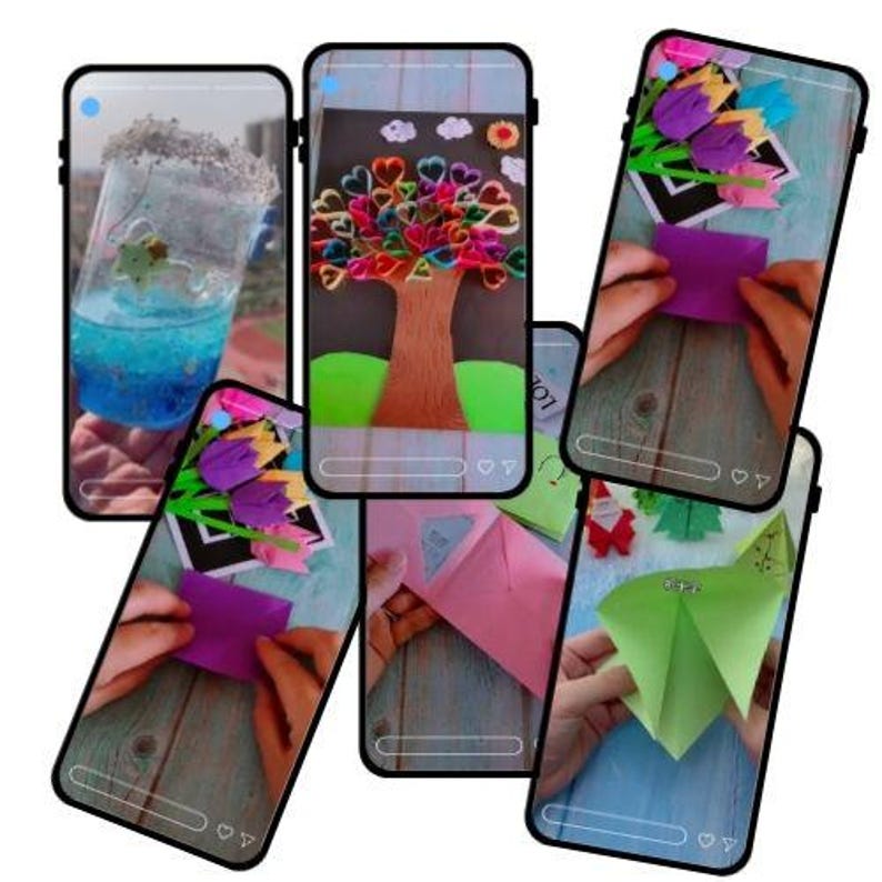 May include: A collection of smartphone screens showcasing diverse DIY craft projects. One screen displays a glitter jar with a fish, another a paper tree with heart-shaped leaves, and others feature origami and paper flower tutorials.