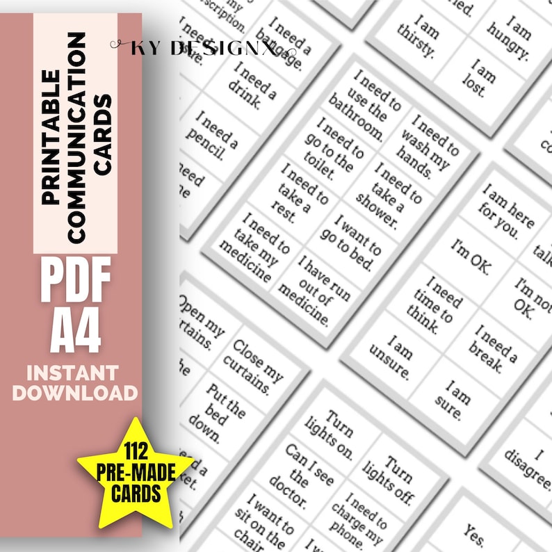 Peut inclure: Un ensemble de 112 cartes de communication imprimables pour les personnes ayant des difficult&eacute;s &agrave; communiquer verbalement. Les cartes pr&eacute;sentent des phrases telles que "J'ai besoin d'une boisson", "J'ai besoin d'utiliser les toilettes", "J'ai besoin d'aller au lit", "J'ai faim", "J'ai soif", "Je suis perdu", "Je suis l&agrave; pour toi", "Je vais bien", "Je ne vais pas bien", "J'ai besoin de temps pour r&eacute;fl&eacute;chir", "J'ai besoin d'une pause", "Je ne suis pas s&ucirc;r", "Je suis s&ucirc;r", "Je ne suis pas d'accord", "Oui", "J'ai besoin d'un bandage", "J'ai besoin d'un crayon", "J'ai besoin de me reposer", "J'ai besoin de prendre mes m&eacute;dicaments", "Je n'ai plus de m&eacute;dicaments", "Ouvre mes rideaux", "Ferme mes rideaux", "Met le lit en bas", "Allume les lumi&egrave;res", "&Eacute;teindre les lumi&egrave;res", "Puis-je voir le m&eacute;decin", "Je veux m'asseoir sur la chaise", "J'ai besoin de charger mon t&eacute;l&eacute;phone".