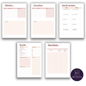 May include: A set of six printable skincare routine and beauty treatment planners. The pages feature a minimalist design with a white background and soft pink accents. Each page includes sections for tracking steps, products, and weekly progress.
