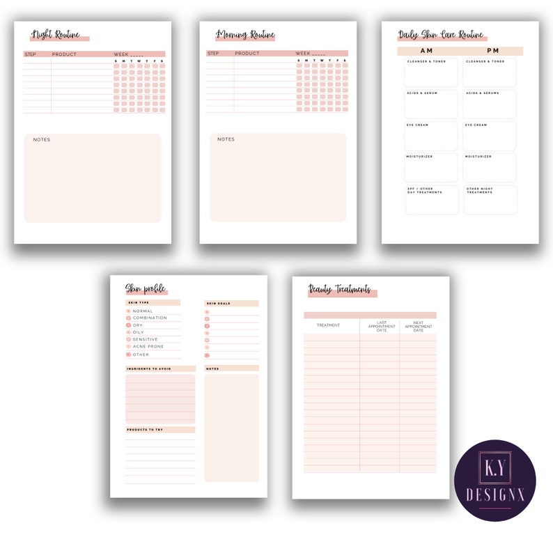 May include: A set of six printable skincare routine and beauty treatment planners. The pages feature a minimalist design with a white background and soft pink accents. Each page includes sections for tracking steps, products, and weekly progress.