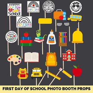 May include: A set of 16 colorful first day of school photo booth props. The props include a school bus, a backpack, a book, a pencil, a ruler, a paint palette, a bell, a glue bottle, a stack of books, a worm, a schoolhouse, a pair of glasses, a lunchbox, and signs that say "Happy First Day of School".