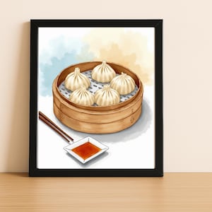 Printable Dim Sum Printable Wall Art, Xiao Long Bao Kitchen Decor, Asian Food Illustration, Digital Download Art, Bamboo Steamer Dumpling