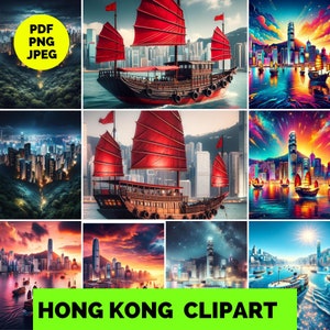 Image clipart de Hong Kong - illustration de Hong Kong - ligne d'horizon - ville - clipart de voyage - décoration murale - à ajouter au produit physique -