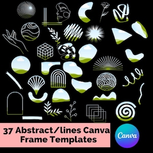 Puede incluir: 37 plantillas de marcos Canva abstractas y de líneas. Las plantillas presentan una variedad de formas, líneas y patrones en blanco y negro con acentos verdes y azules. Las plantillas son perfectas para crear diseños únicos y elegantes para redes sociales, sitios web y más.
