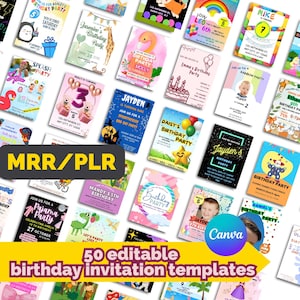 Puede incluir: Una colección de 50 plantillas de invitaciones de cumpleaños editables. Las plantillas presentan varios diseños, incluyendo temas con animales, arcoíris y pasteles de cumpleaños. Las invitaciones tienen texto como "Únete a nosotros para una fiesta de cumpleaños" e incluyen el logotipo de Canva.