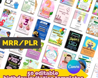 May include: A selection of 50 editable birthday invitation templates. The designs include themes with animals, rainbows, and birthday cakes. The invitations feature text such as "Join us for a birthday party" and include the Canva logo.