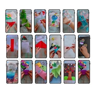 May include: A collection of smartphone screens showing craft projects. The images feature hands creating paper crafts, felt decorations, and drawings. The projects use colourful materials, with finished items displayed.