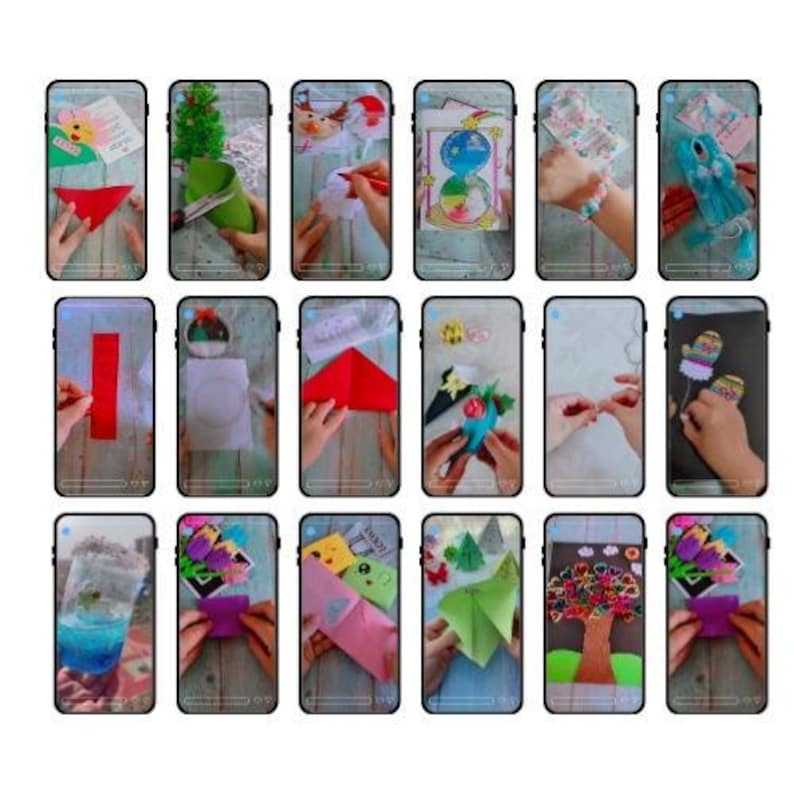 May include: A collection of smartphone screens showing craft projects. The images feature hands creating paper crafts, felt decorations, and drawings. The projects use colourful materials, with finished items displayed.
