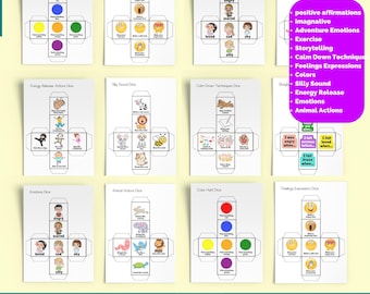 12 Printable Action Dice Cubes,  Imaginative play cubes, exercise, story telling, color cubes, feelings and emotions cubes